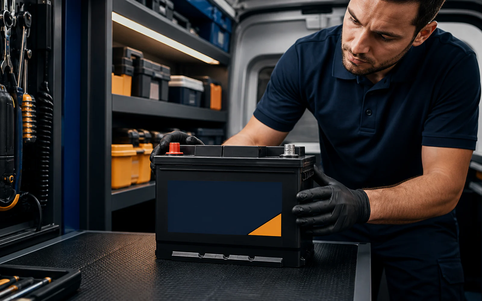New car battery being inspected before installation in a clean mobile workshop