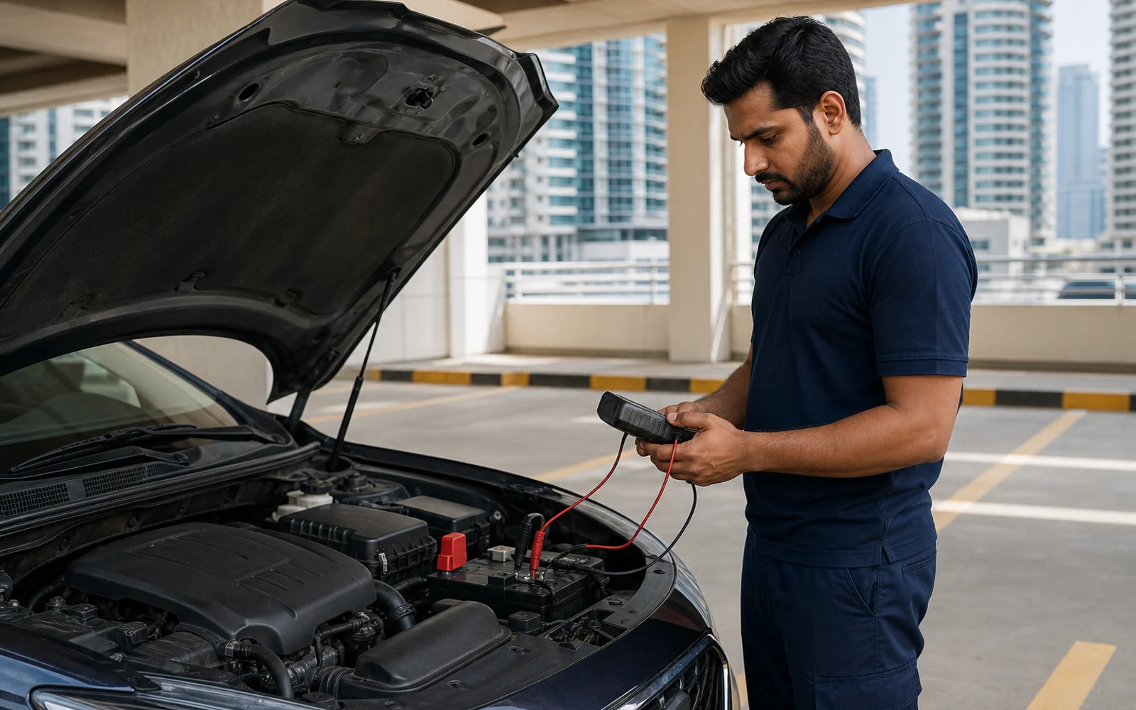 Close view of a technician testing a vehicle charging system