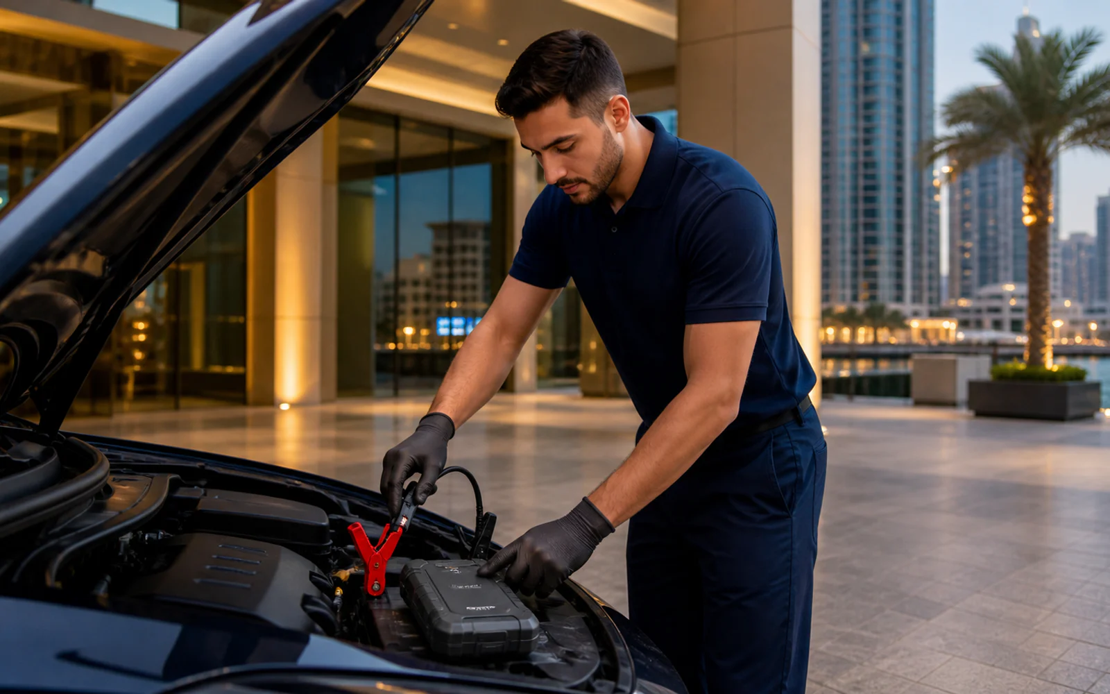 Technician using a professional jump starter on a modern car