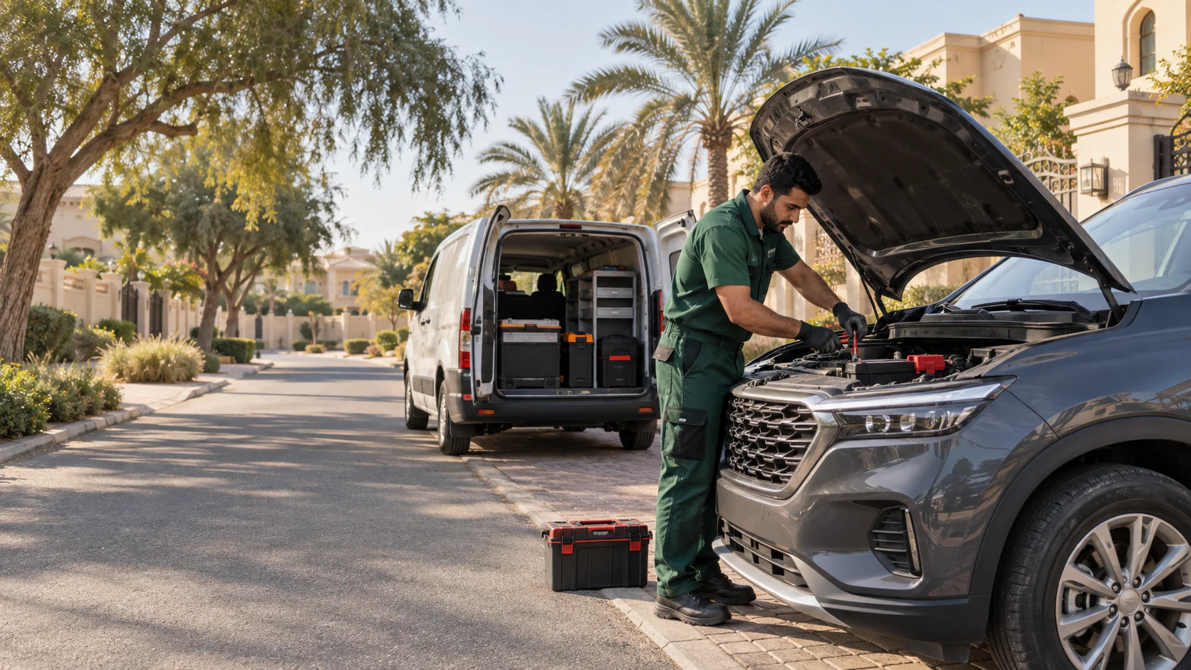 Mobile battery technician replacing a car battery outside a Mirdif villa