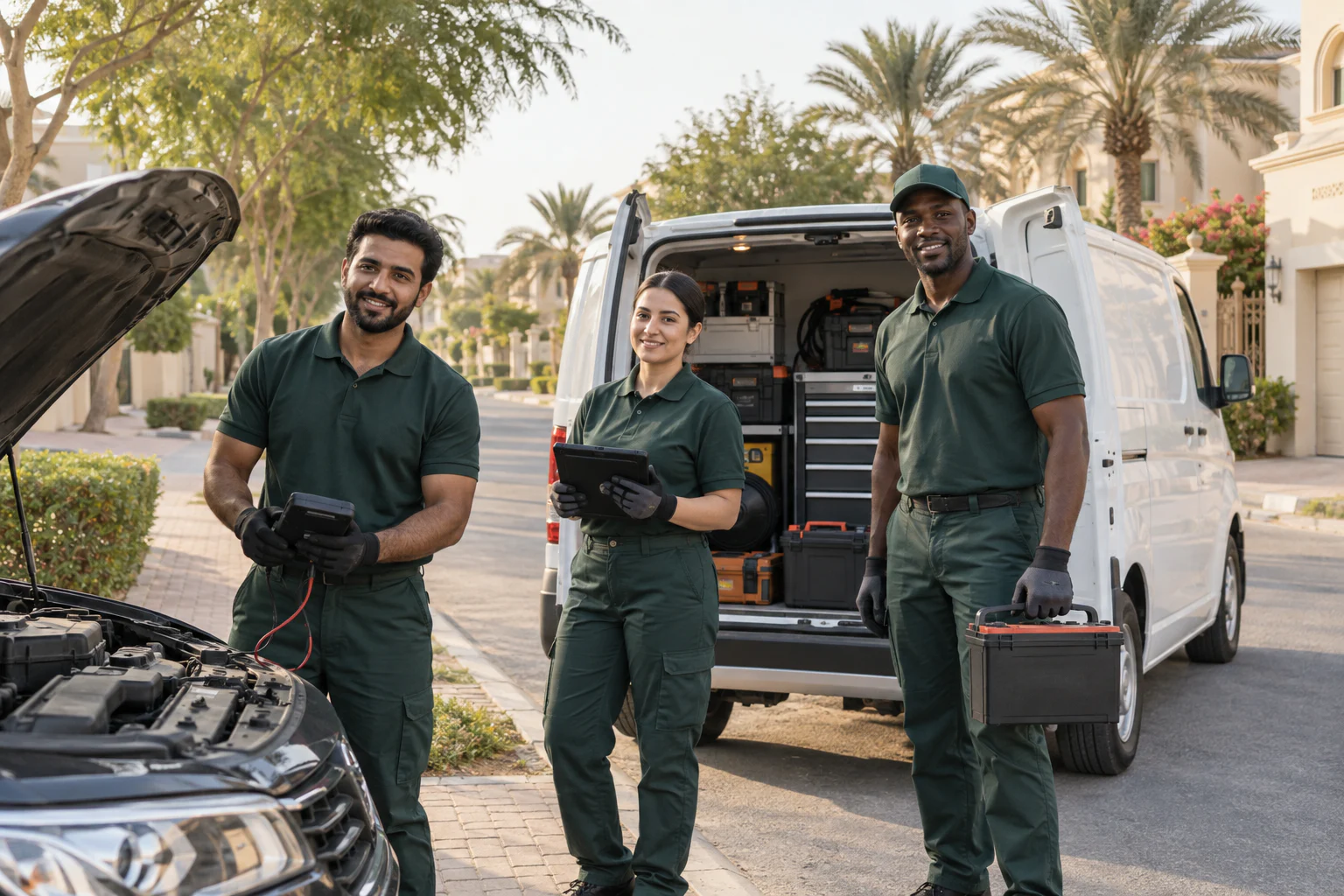 Mirdif Battery technicians with a diagnostic tester, replacement battery, and service van on a villa street