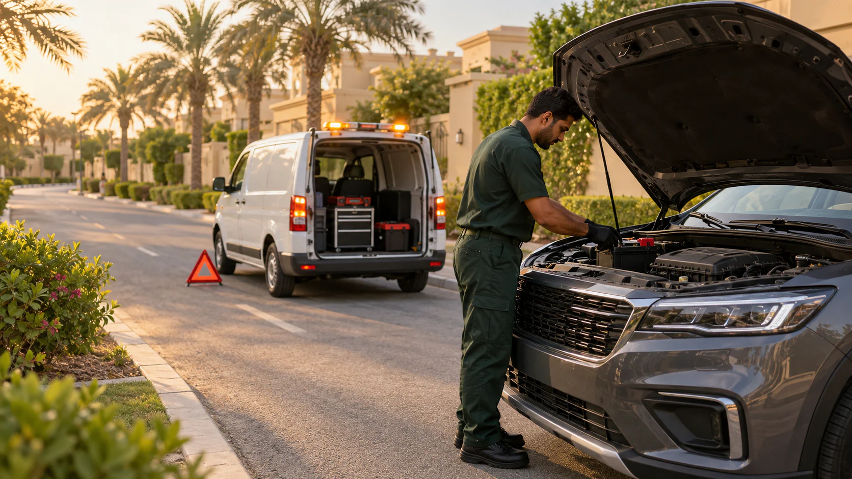 Roadside car battery replacement near Mirdif at dusk