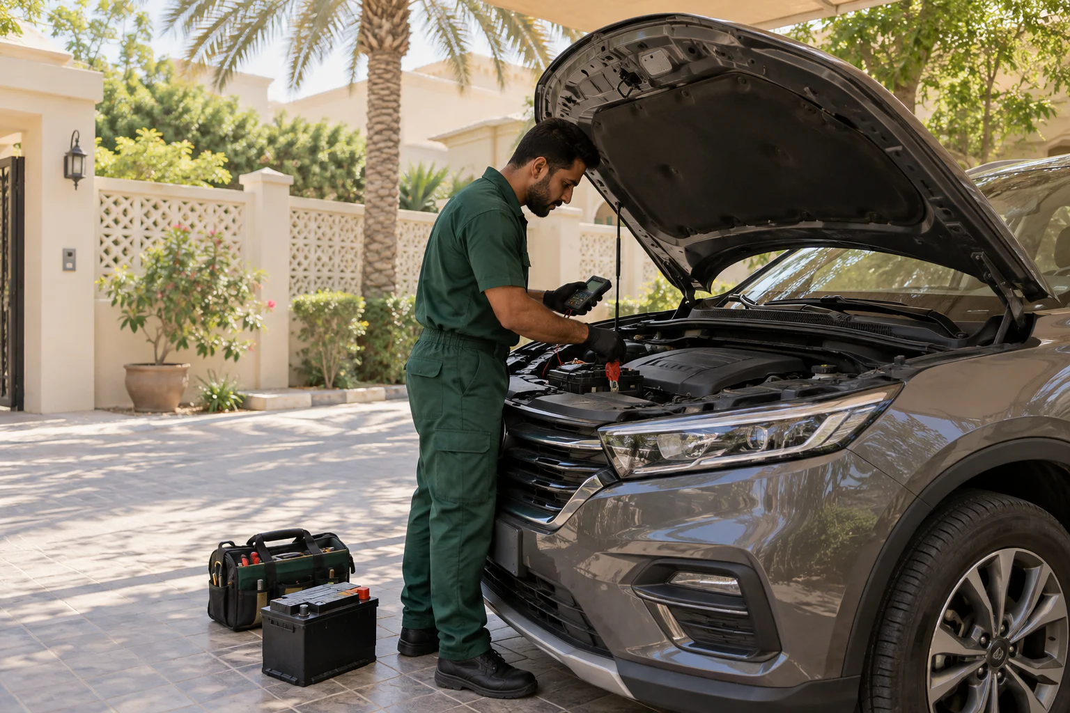 Mobile battery replacement in a shaded Mirdif villa driveway